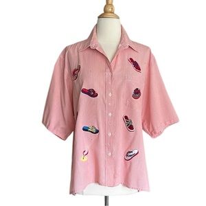 MILI DESIGNS Novelty Embellished Red & White Striped Appliqué Camp Shirt Large